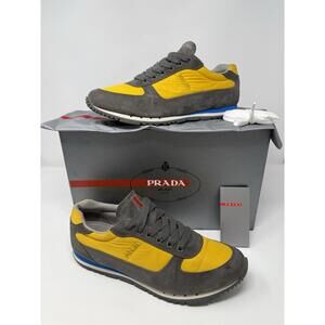 Prada Mens Sneakers Tennis Shoes 4E2721 Gray Suede Yellow Nylon 8.5 US / 7.5 UK